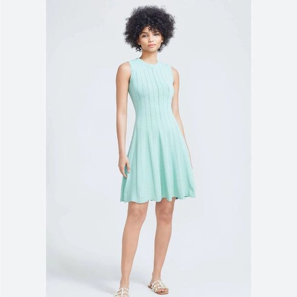 Lela Rose Brocade Long-Sleeve Oxford Blue Textured Knit Fit & Flare NWT $990 - Picture 7 of 8